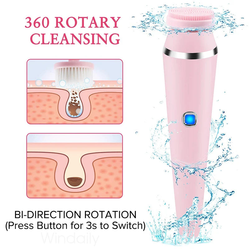 4 in 1 Electric Facial Cleansing Brush Rechargeable Waterproof Spin Sonic Exfoliator Face Scrubber Cleanser Skin Care Machine
