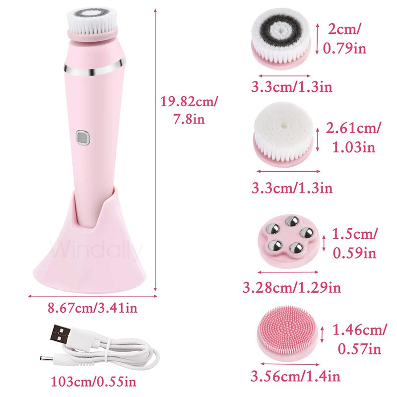 4 in 1 Electric Facial Cleansing Brush Rechargeable Waterproof Spin Sonic Exfoliator Face Scrubber Cleanser Skin Care Machine
