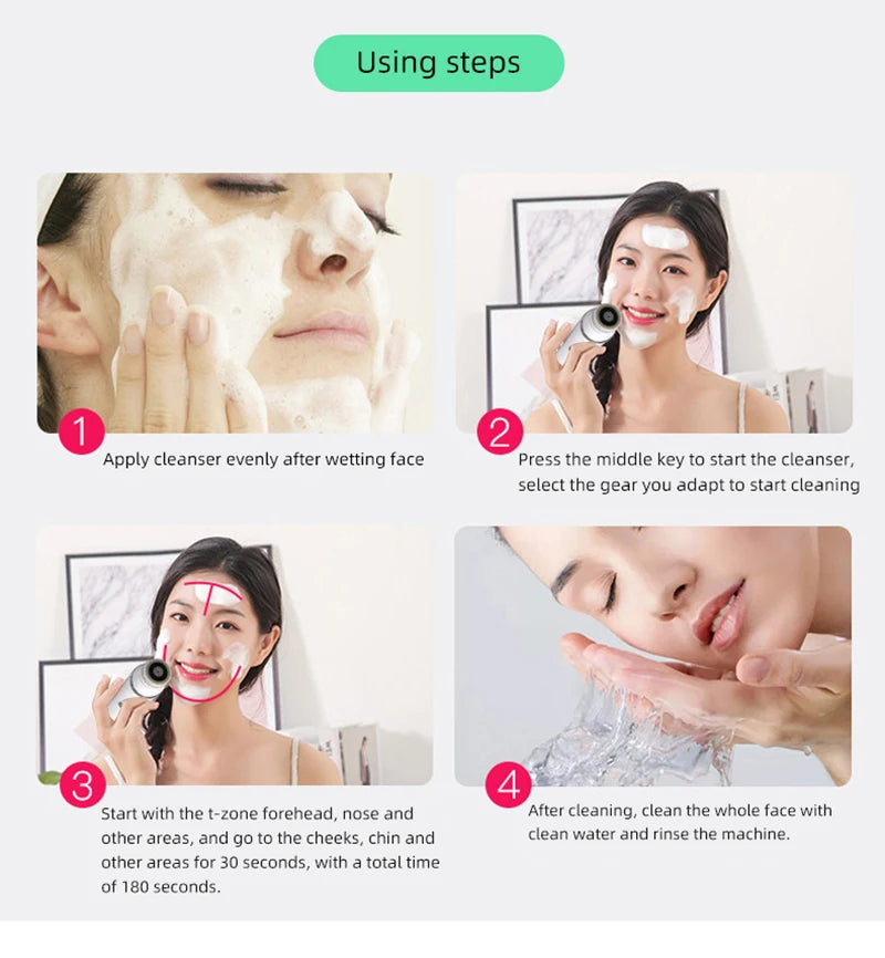 4 in 1 Electric Facial Cleansing Brush Rechargeable Waterproof Spin Sonic Exfoliator Face Scrubber Cleanser Skin Care Machine