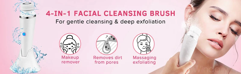 4 in 1 Electric Facial Cleansing Brush Rechargeable Waterproof Spin Sonic Exfoliator Face Scrubber Cleanser Skin Care Machine