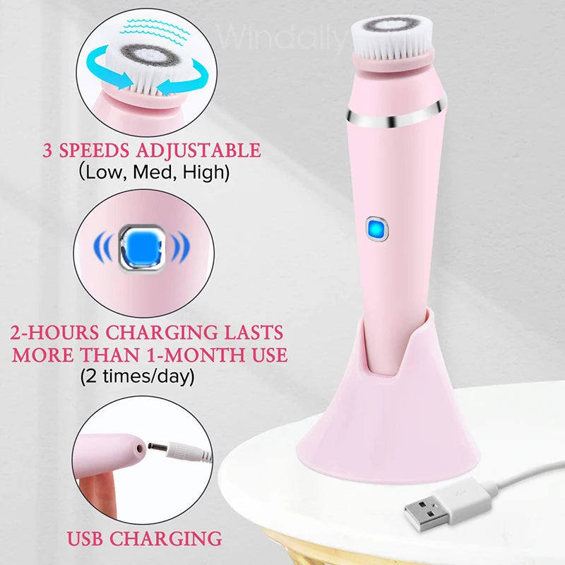 4 in 1 Electric Facial Cleansing Brush Rechargeable Waterproof Spin Sonic Exfoliator Face Scrubber Cleanser Skin Care Machine