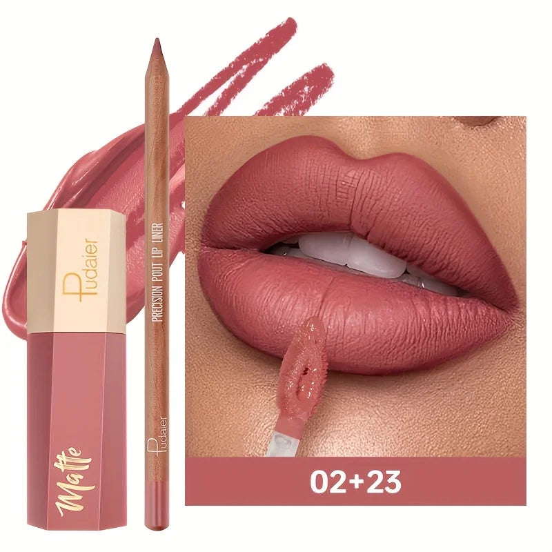 Lip Liner Pencil and Lip Gloss Combo, Velvet Finish Nude Lip Color, Waterproof Non Transfer Non Stick Cup, Long Wear Moisturizin