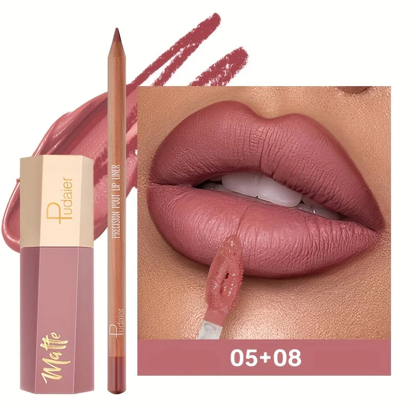 Lip Liner Pencil and Lip Gloss Combo, Velvet Finish Nude Lip Color, Waterproof Non Transfer Non Stick Cup, Long Wear Moisturizin