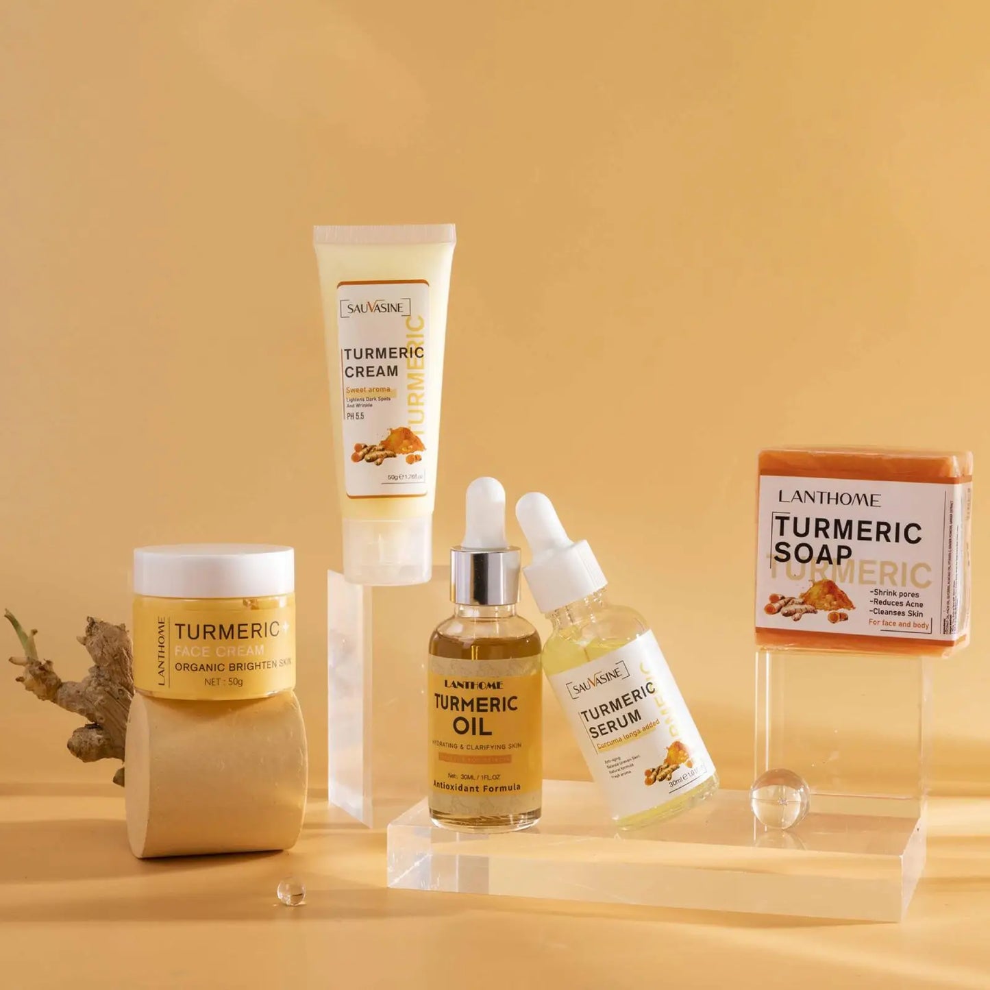 5 Piece Set Turmeric Facial Care Acne Cleansing Cream,Anti-Aging Serum,Dark Spot Moisturizer Fade Spots for Radiant Skin Care