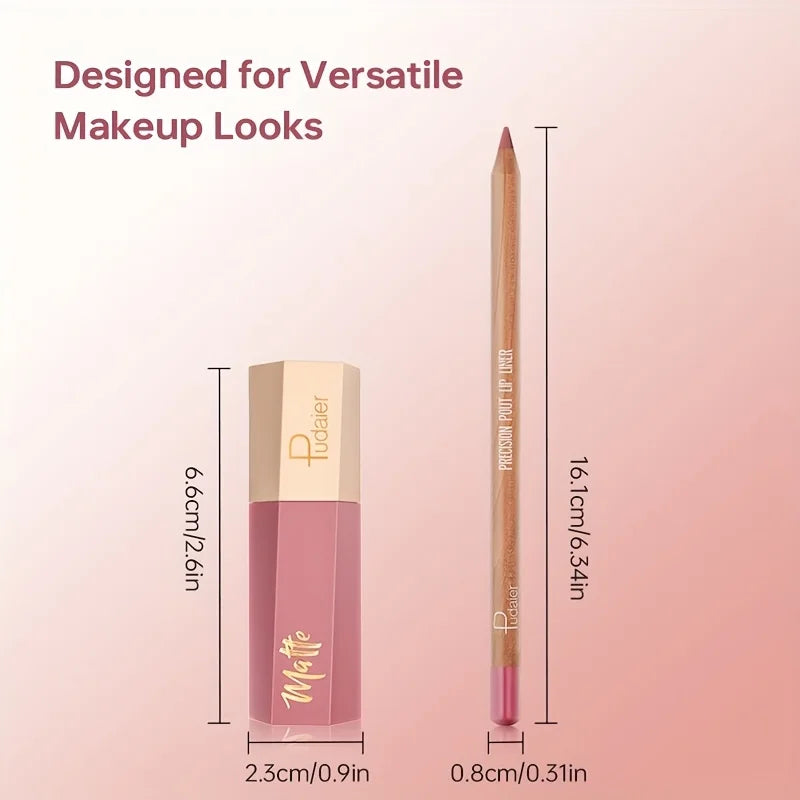 Lip Liner Pencil and Lip Gloss Combo, Velvet Finish Nude Lip Color, Waterproof Non Transfer Non Stick Cup, Long Wear Moisturizin