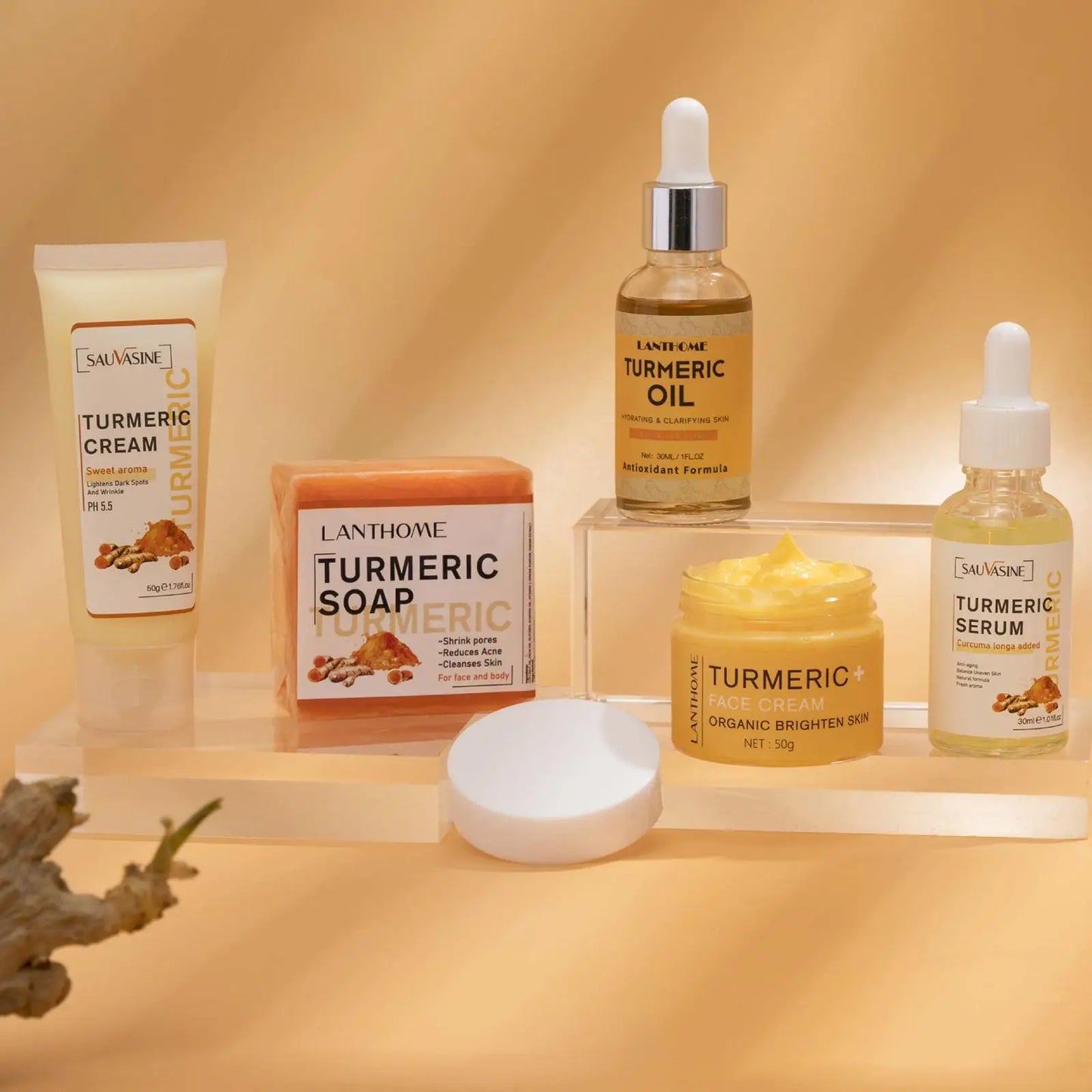 5 Piece Set Turmeric Facial Care Acne Cleansing Cream,Anti-Aging Serum,Dark Spot Moisturizer Fade Spots for Radiant Skin Care
